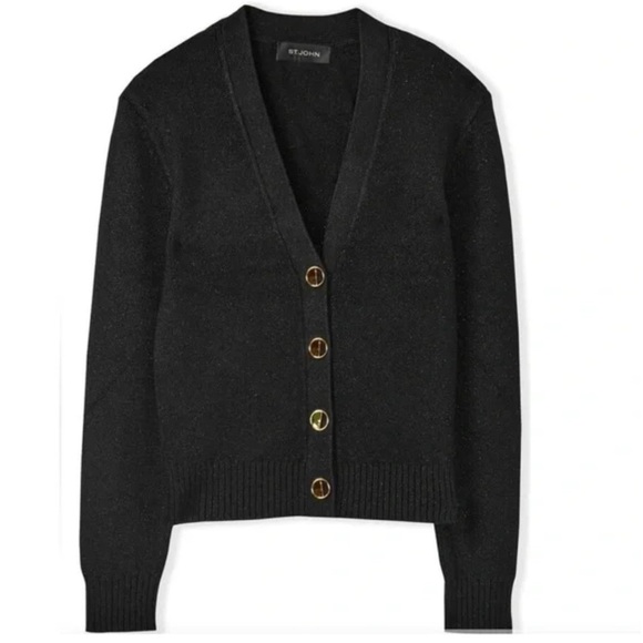 NEW ST. JOHN CLASSICS ERIN BUTTON FRONT CARDIGAN GOLD SPARKLE SANTA ROMA KNIT LG - Picture 1 of 11